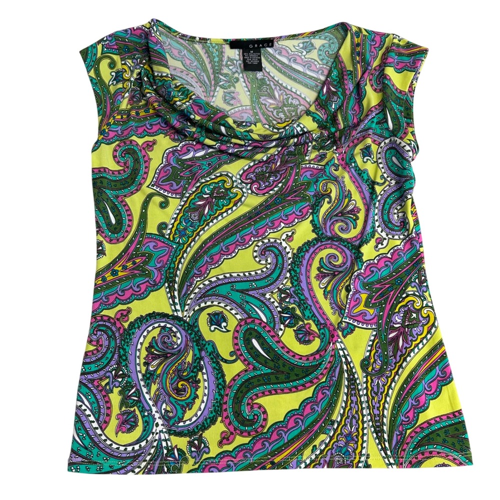 Bohemian Retro 70s Artsy Festival Nicks Paisley Cowl Neck Sleeveless Size M
